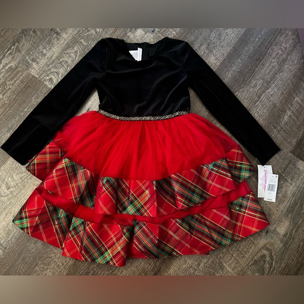Bonnie Jean Long Sleeve Velvet to Tiered Plaid Dress-Size 10